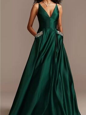 Blondie Nites Deep Green Satin V-Neck Prom Gown with Jeweled Pockets